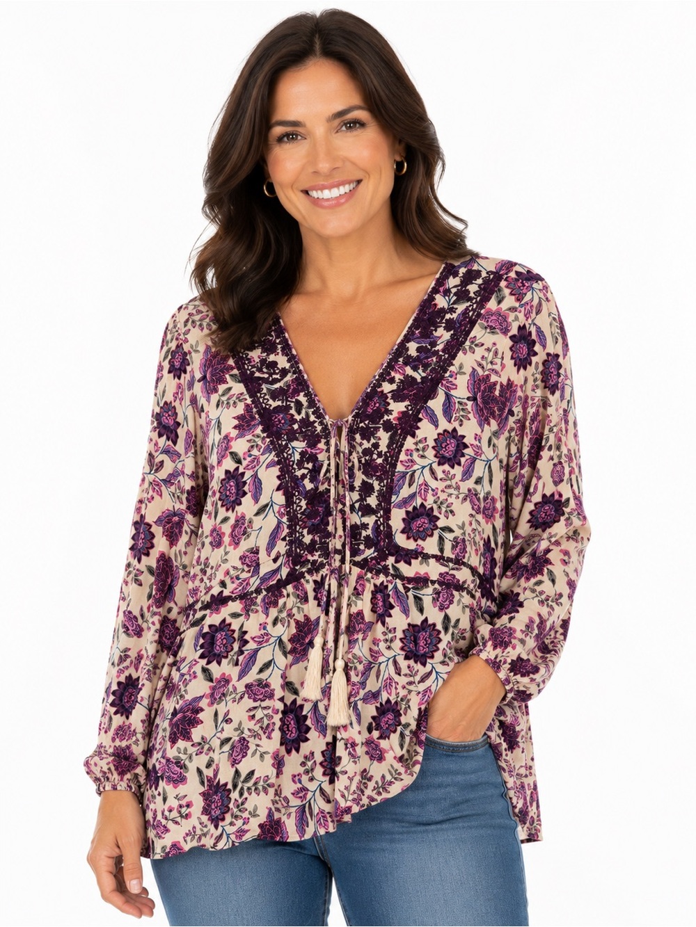 torrid Floral Peasant Tunic in Cream and Purple